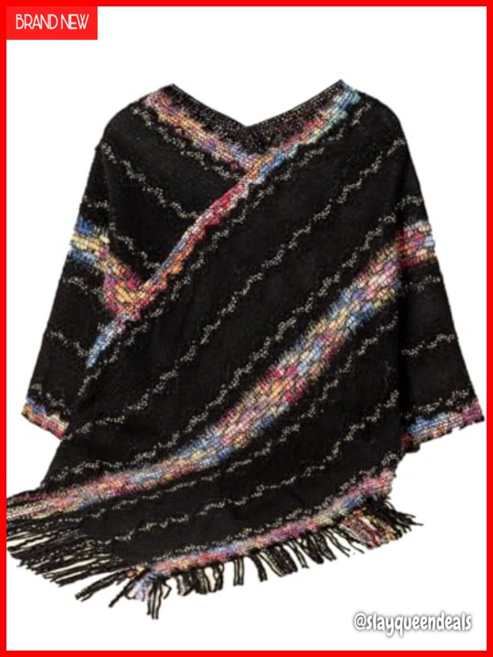 Womens Zig-Zag Knit Tassel Fringed Pullover Poncho Sweater Cape Shawl Wrap